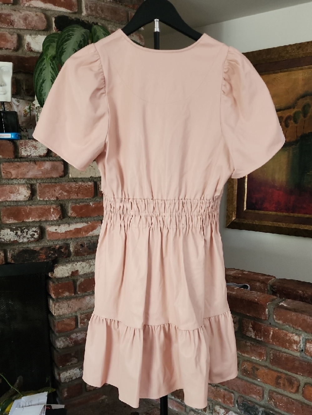 Anthropologie Somerset Vegan Leather Mini Dress Pink Rose Smocked Waist NWT - Picture 7 of 16